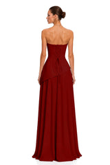 Romane Burgundy Strapless Corset Chiffon Maxi Dress