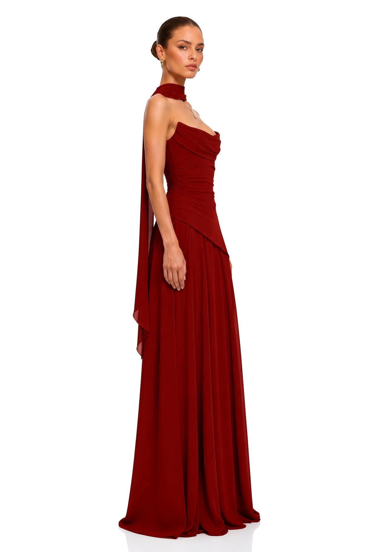 Romane Burgundy Strapless Corset Chiffon Maxi Dress