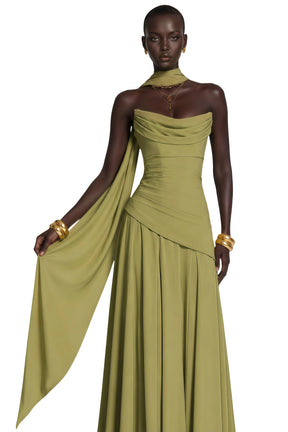 Romane Green Strapless Corset Chiffon Maxi Dress