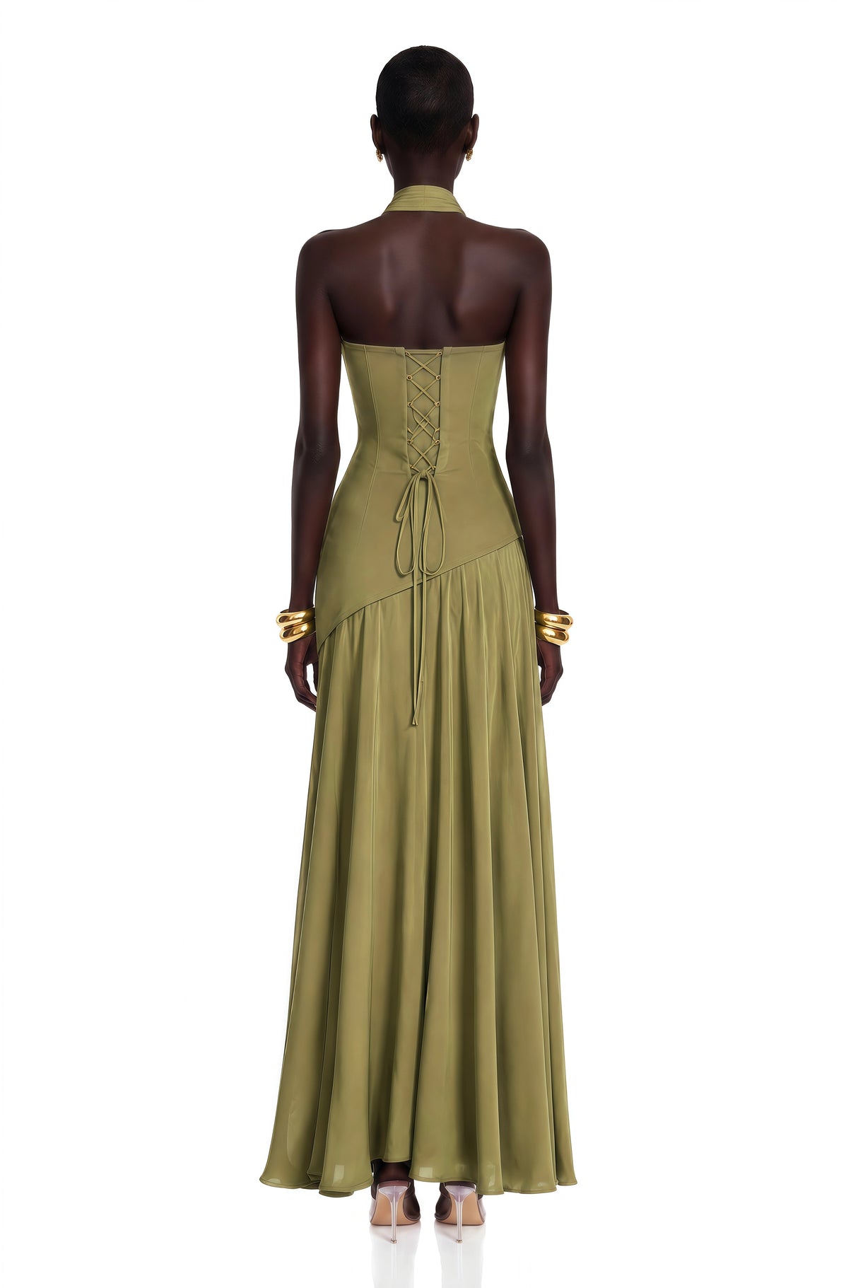 Romane Green Strapless Corset Chiffon Maxi Dress