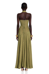 Romane Green Strapless Corset Chiffon Maxi Dress