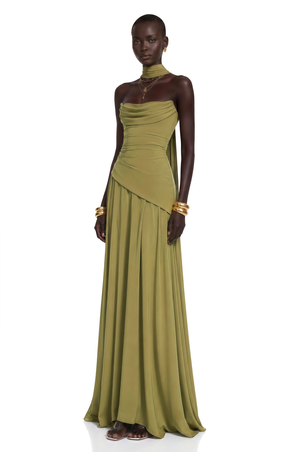 Romane Green Strapless Corset Chiffon Maxi Dress