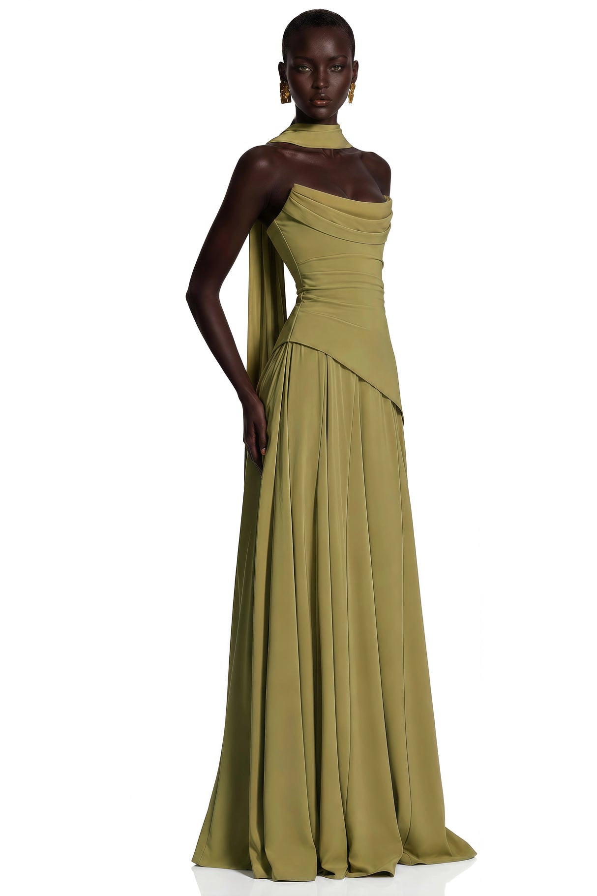 Romane Green Strapless Corset Chiffon Maxi Dress
