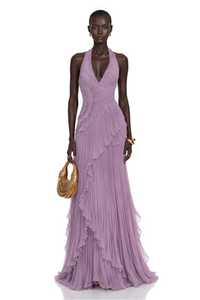 Romilda Purple Pleated Halterneck Maxi Dress with Ruffles