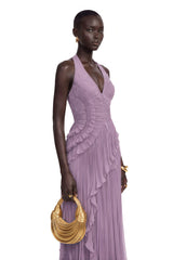 Romilda Purple Pleated Halterneck Maxi Dress with Ruffles