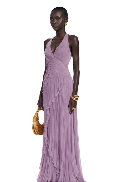 Grazia Maxi Dress Purple Pleated Halterneck with Ruffles