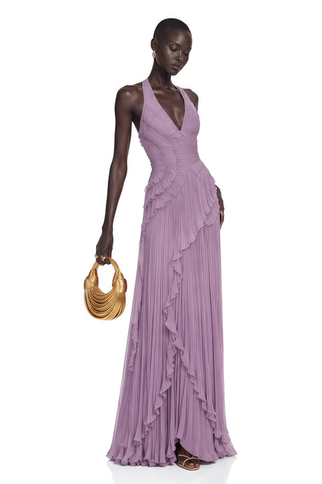 Grazia Maxi Dress Purple Pleated Halterneck with Ruffles