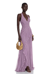 Romilda Purple Pleated Halterneck Maxi Dress with Ruffles