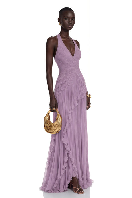 Grazia Maxi Dress Purple Pleated Halterneck with Ruffles