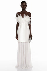 Rongo White Off Shoulder Ruffled Lace Maxi Dress