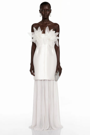 Rongo White Off Shoulder Ruffled Lace Maxi Dress