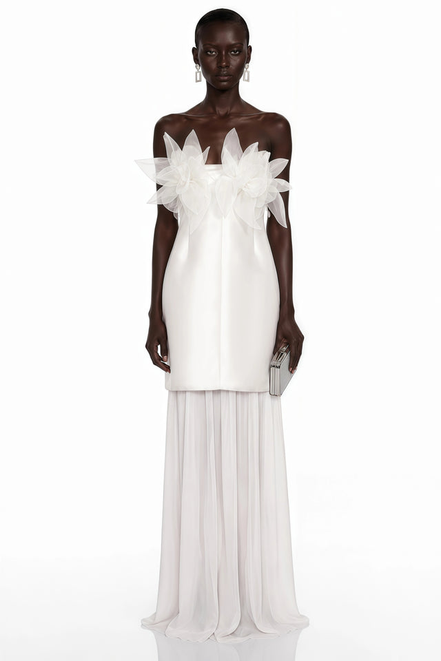 Rongo White Off Shoulder Ruffled Lace Maxi Dress