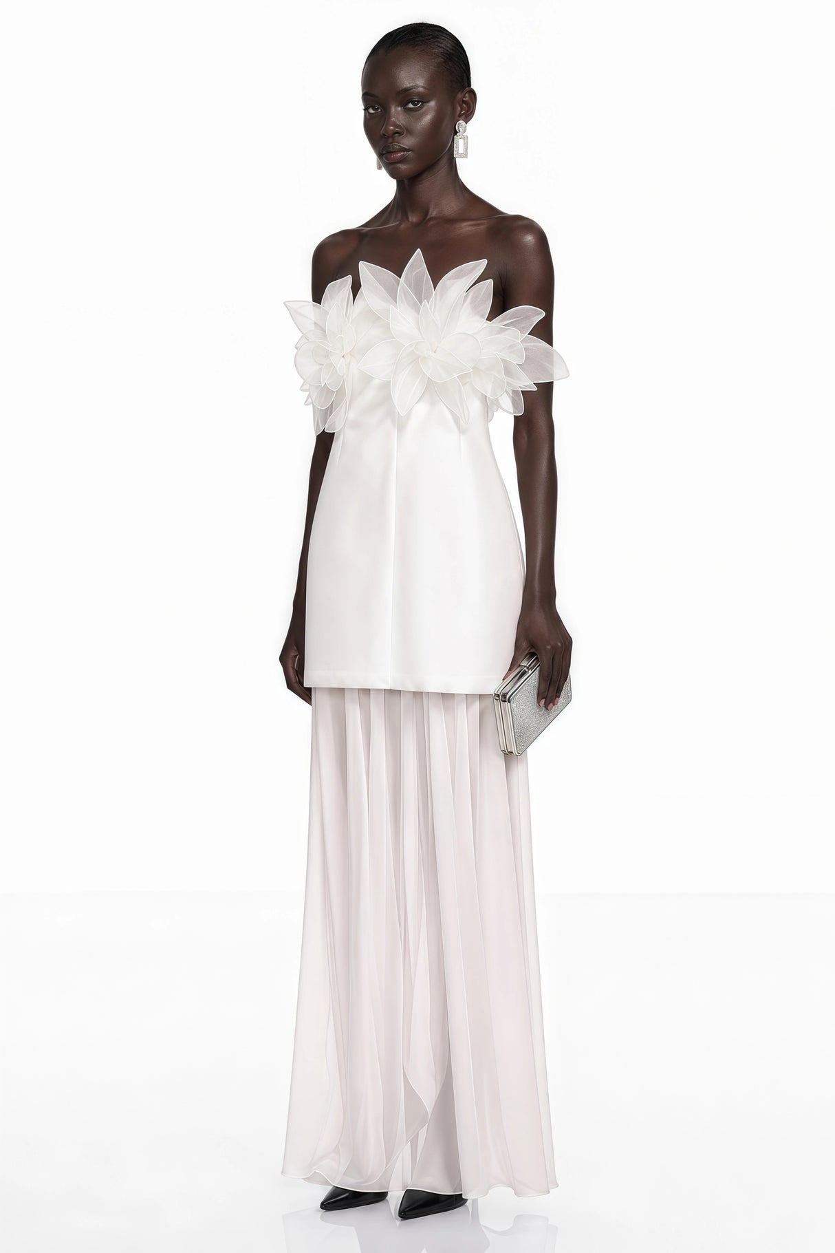Rongo White Off Shoulder Ruffled Lace Maxi Dress