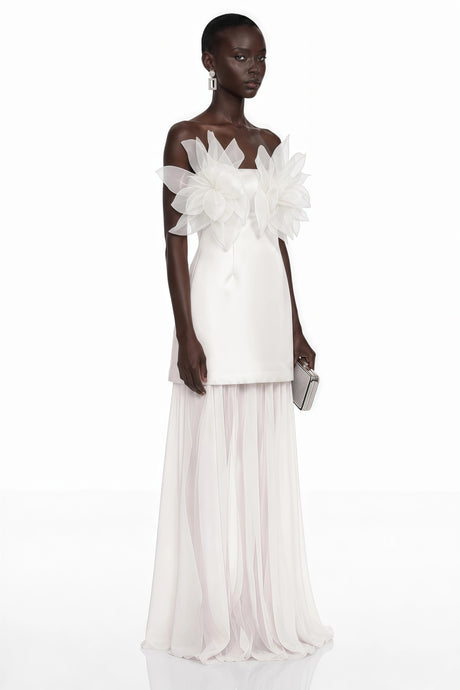 Adalgisa Maxi Dress White Off Shoulder Ruffled Lace