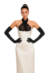 Ronit Champagne Satin Maxi Dress with Tulle Panels Without Gloves