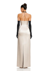 Ronit Champagne Satin Maxi Dress with Tulle Panels Without Gloves
