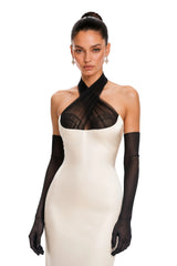 Ronit Champagne Satin Maxi Dress with Tulle Panels Without Gloves