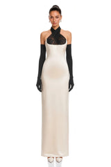 Ronit Champagne Satin Maxi Dress with Tulle Panels Without Gloves