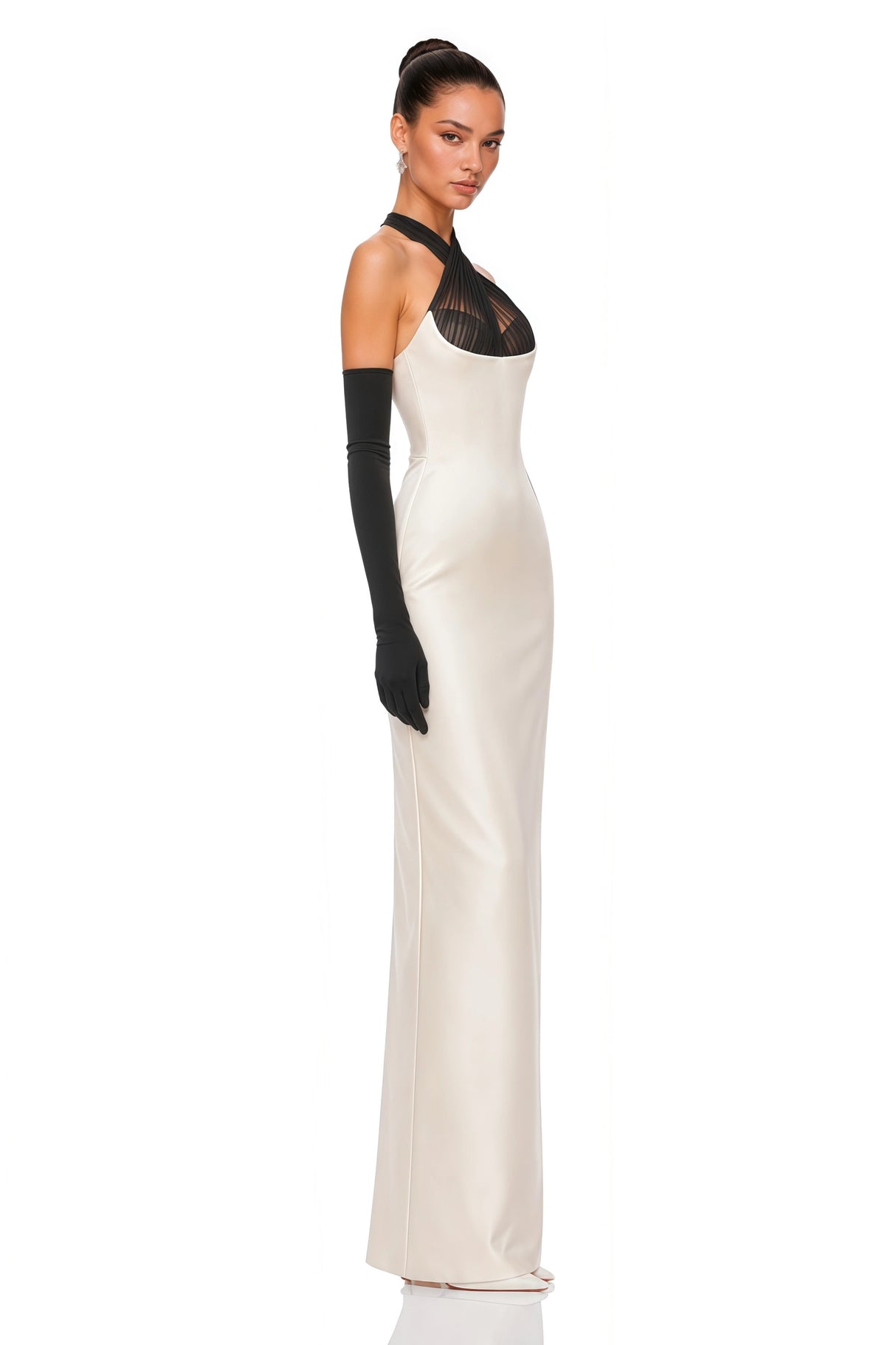 Ronit Champagne Satin Maxi Dress with Tulle Panels Without Gloves