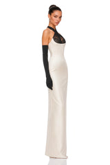 Ronit Champagne Satin Maxi Dress with Tulle Panels Without Gloves