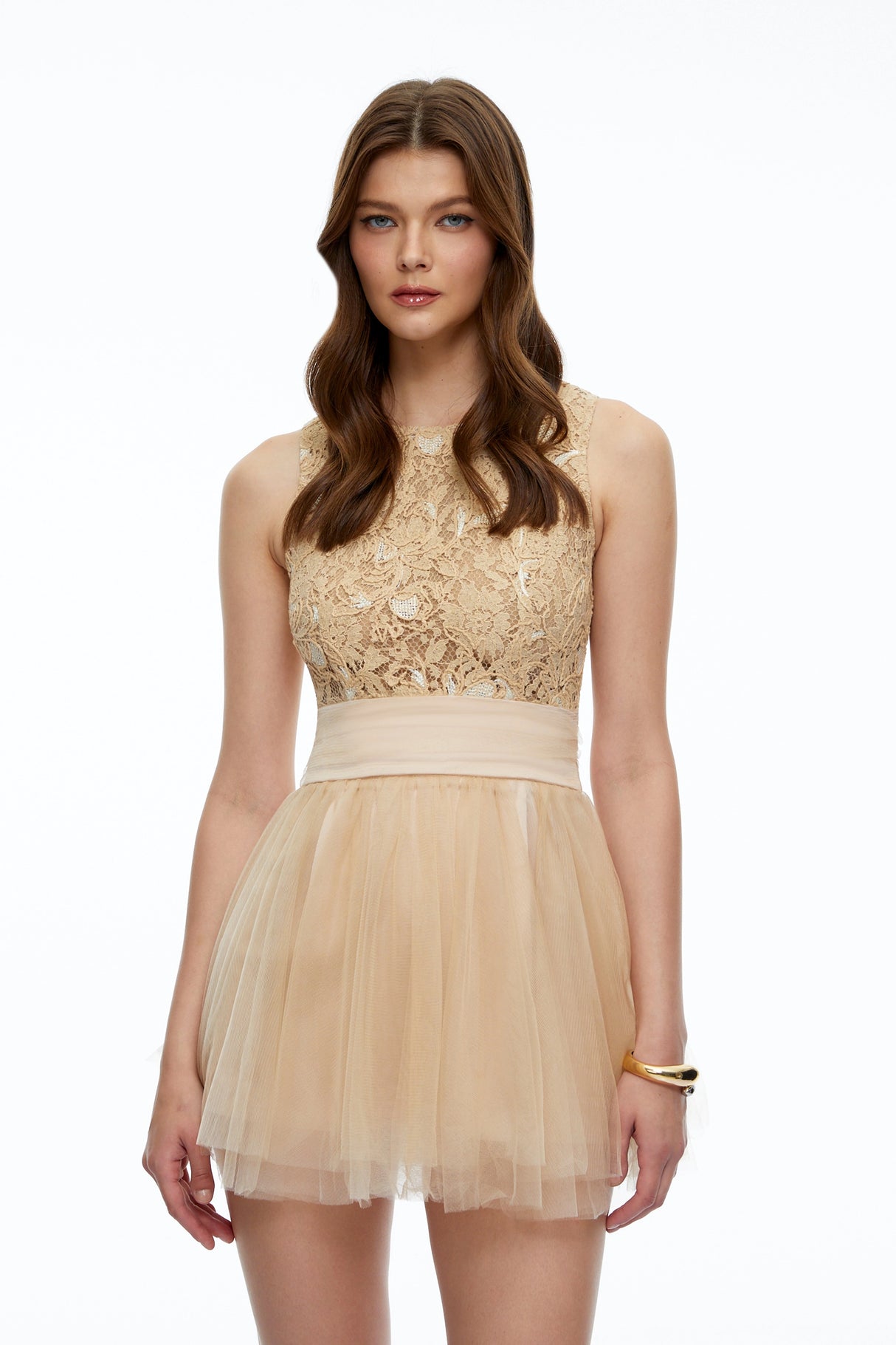 Rosa Neutral Floral Lace Mini Dress with Mesh Panels