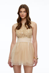 Rosa Neutral Floral Lace Mini Dress with Mesh Panels