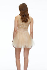 Rosa Neutral Floral Lace Mini Dress with Mesh Panels