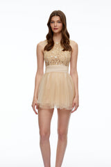 Rosa Neutral Floral Lace Mini Dress with Mesh Panels