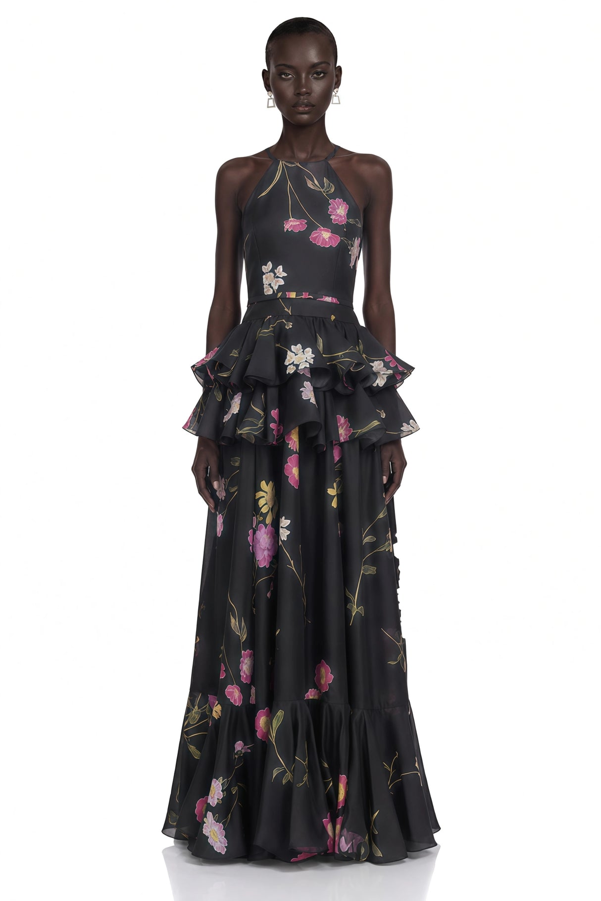 Rosalie Black Floral Print Halterneck Tiered Maxi Dress