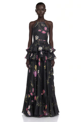 Rosalie Black Floral Print Halterneck Tiered Maxi Dress
