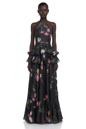 Rosalie Black Floral Print Halterneck Tiered Maxi Dress