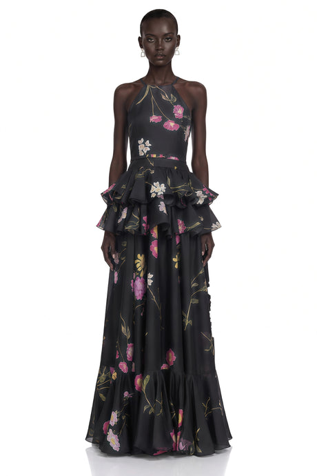 Zuri Maxi Dress Black Floral Print Halterneck Tiered