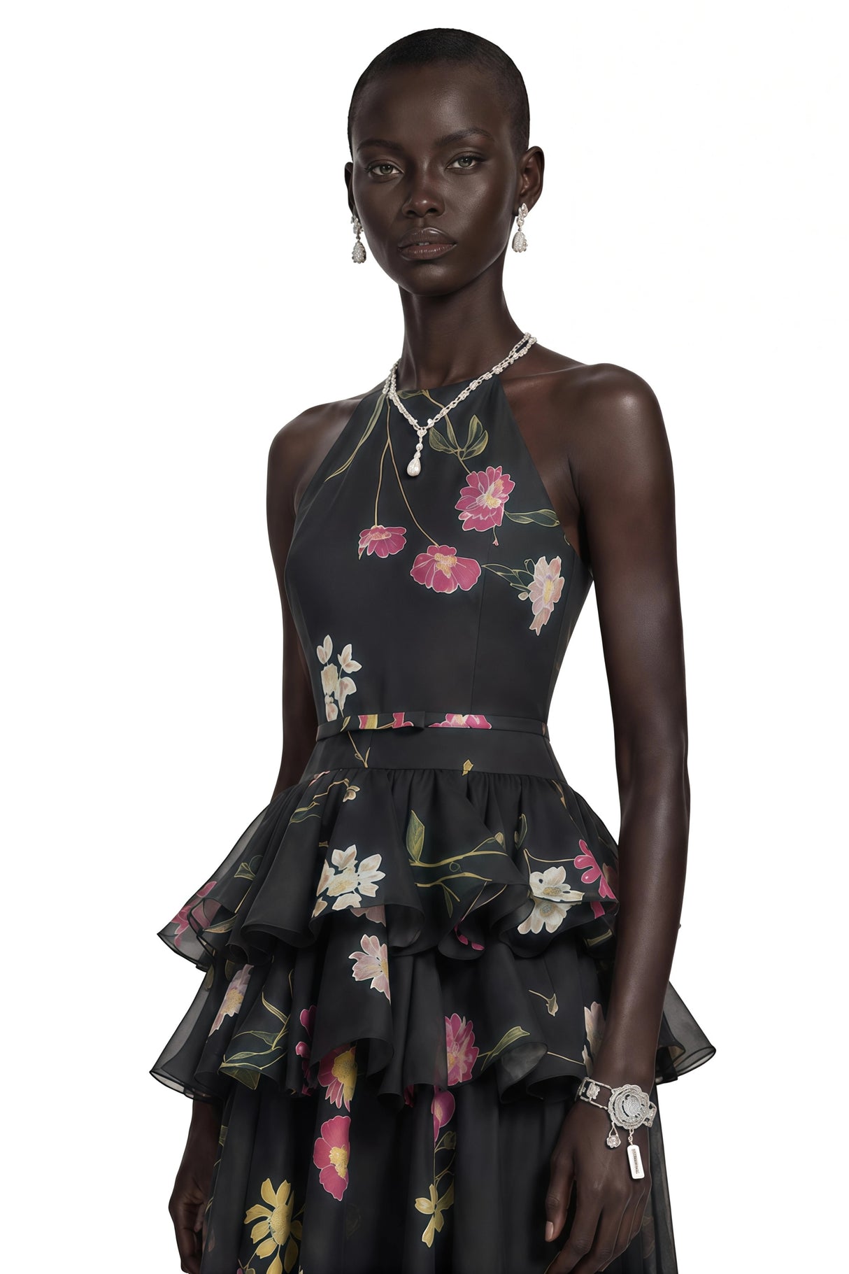 Rosalie Black Floral Print Halterneck Tiered Maxi Dress
