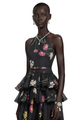 Rosalie Black Floral Print Halterneck Tiered Maxi Dress