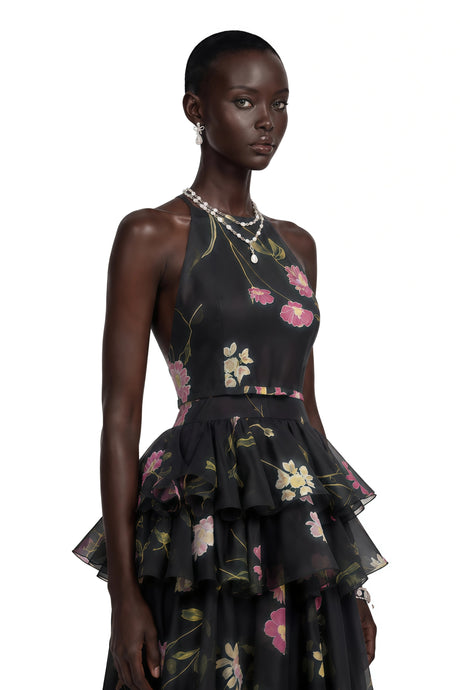 Zuri Maxi Dress Black Floral Print Halterneck Tiered