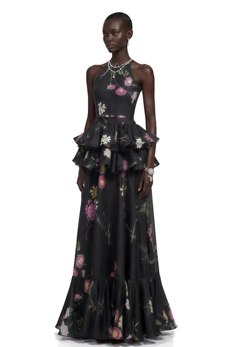 Zuri Maxi Dress Black Floral Print Halterneck Tiered
