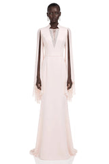 Rosalie Champagne Pleated Cape Maxi Dress