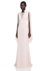 Rosalie Champagne Pleated Cape Maxi Dress