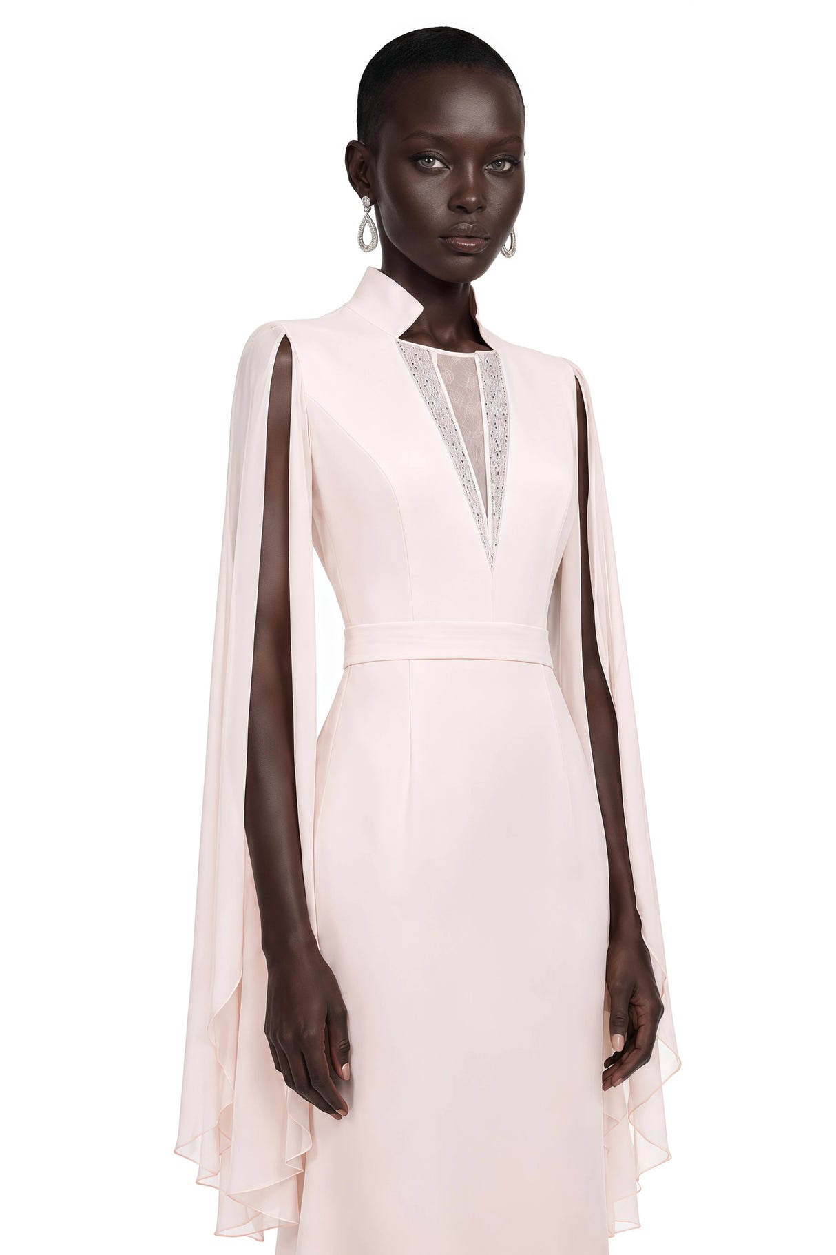 Rosalie Champagne Pleated Cape Maxi Dress