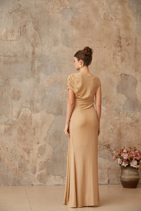 Wendy maxi dress gold asymmetrical pleated