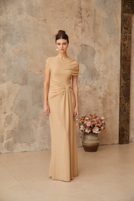 Wendy maxi dress gold asymmetrical pleated