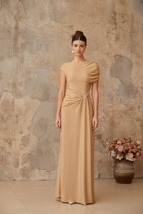 Wendy maxi dress gold asymmetrical pleated