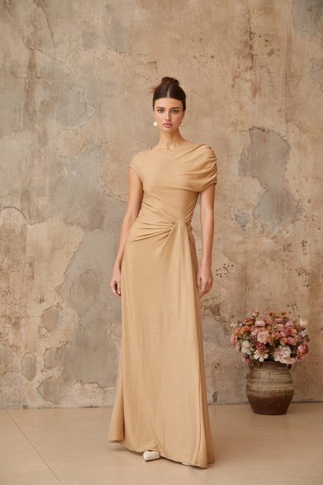 Wendy maxi dress gold asymmetrical pleated