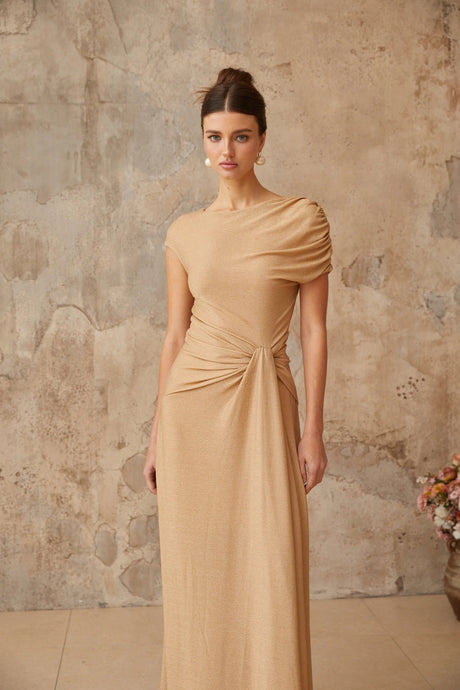 Wendy maxi dress gold asymmetrical pleated