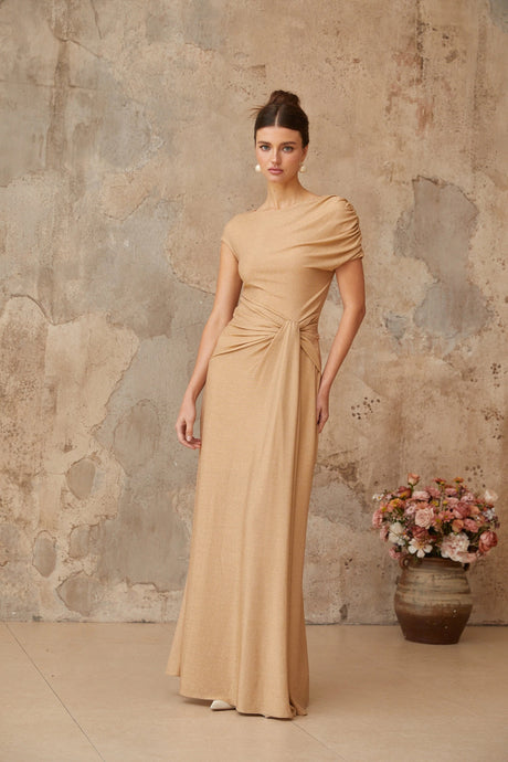 Wendy maxi dress gold asymmetrical pleated
