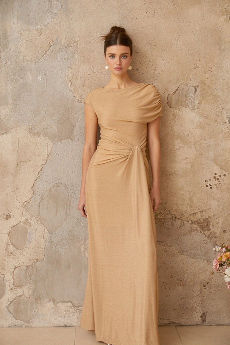 Wendy maxi dress gold asymmetrical pleated