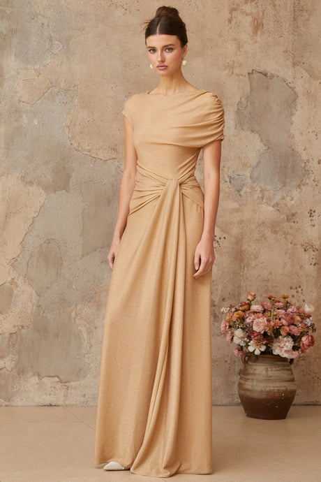 Wendy maxi dress gold asymmetrical pleated