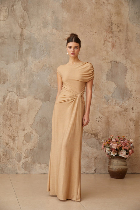 Wendy maxi dress gold asymmetrical pleated
