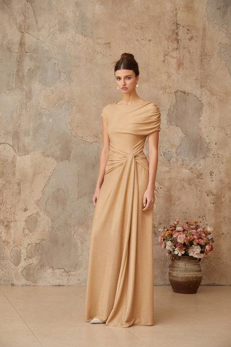 Wendy maxi dress gold asymmetrical pleated