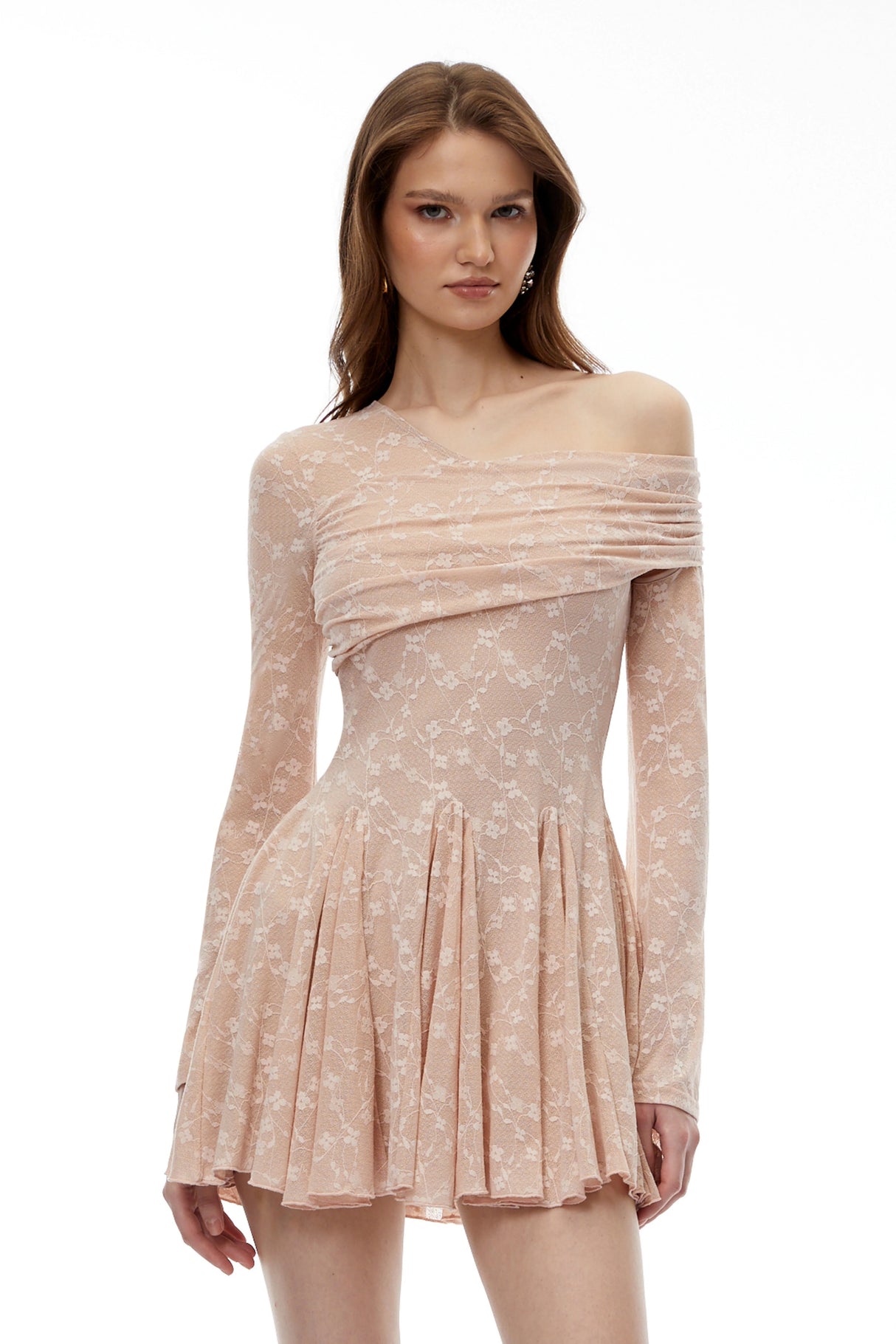 Rosalie Neutral One Shoulder Pleated Mini Dress